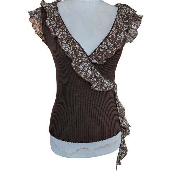 Wrap effect body fit silk blend Mocha brown top stretchy with silk raffl… - Picture 11 of 14